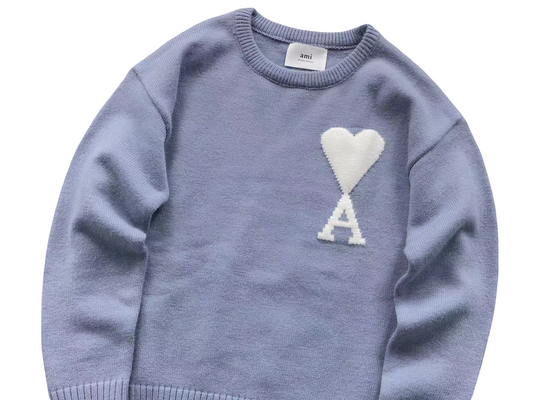 AMI Paris Maxi White Heart Knit Sweater - Lavender Crewneck