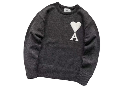 AMI Paris Maxi White Heart Knit Sweater - Anthracite Crewneck