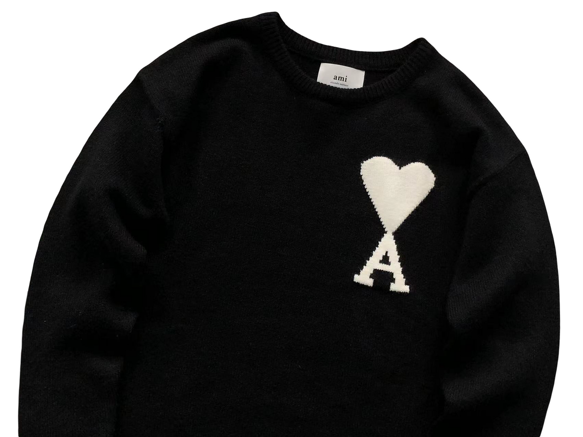 AMI Paris Maxi White Heart Knit Sweater - Black Crewneck
