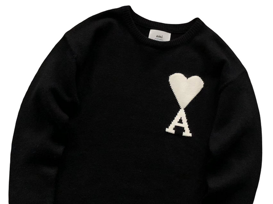 AMI Paris Maxi White Heart Knit Sweater - Black Crewneck